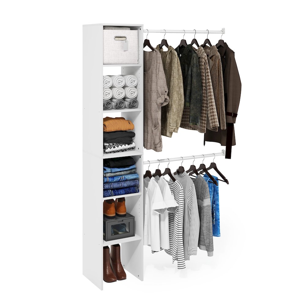 Fano Clothing & Closet Storage Organizer Shelf Tower with 2 Hanging Bars, White