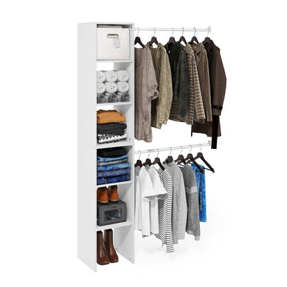 Fano Clothing & Closet Storage Organizer Shelf Tower with 2 Hanging Bars, White