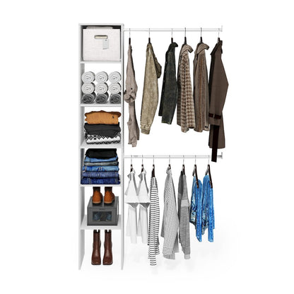 Fano Clothing & Closet Storage Organizer Shelf Tower with 2 Hanging Bars, White