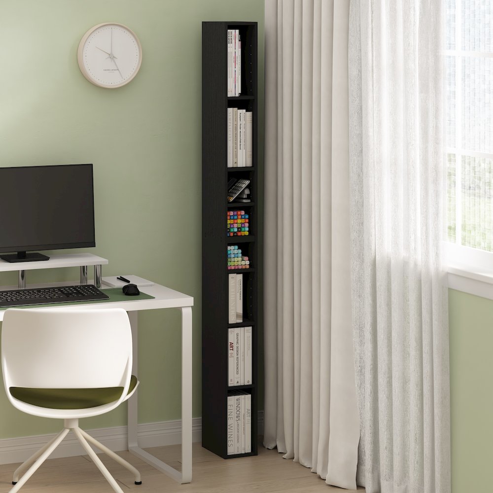 Fulda 8-Tier Space Saving Storage Shelf Bookcase, 6-Inch Width, Blackwood