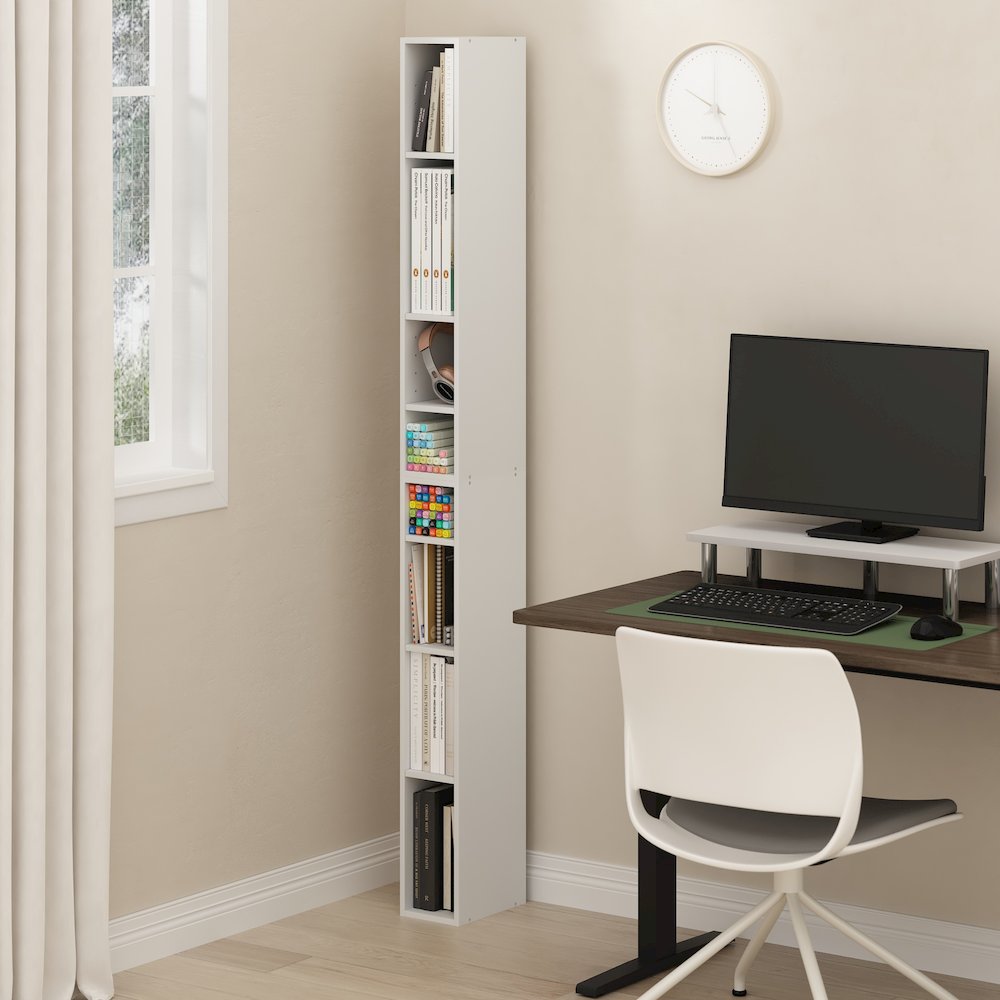Fulda 8-Tier Space Saving Storage Shelf Bookcase, 6-Inch Width, White