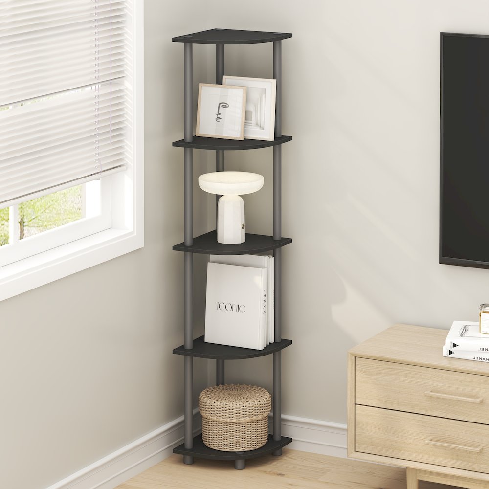 5 Tier Corner Shelf, Corner Bookshelf, Display Shelf Plain Black