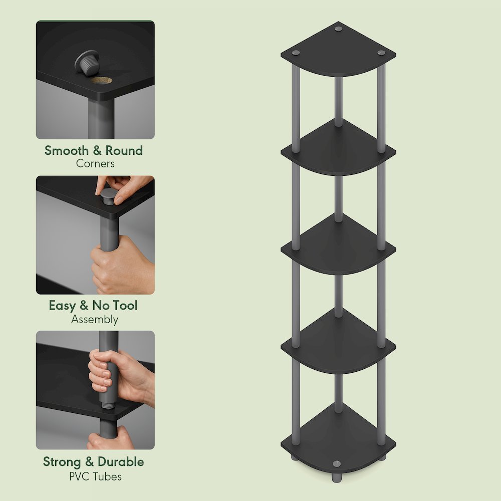 5 Tier Corner Shelf, Corner Bookshelf, Display Shelf Plain Black