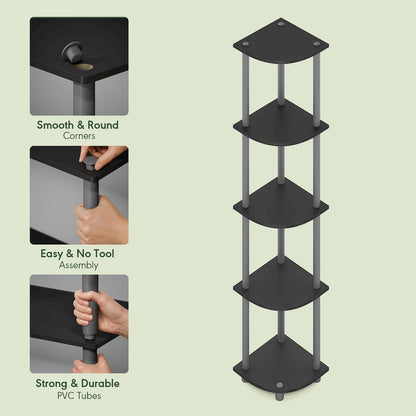 5 Tier Corner Shelf, Corner Bookshelf, Display Shelf Plain Black