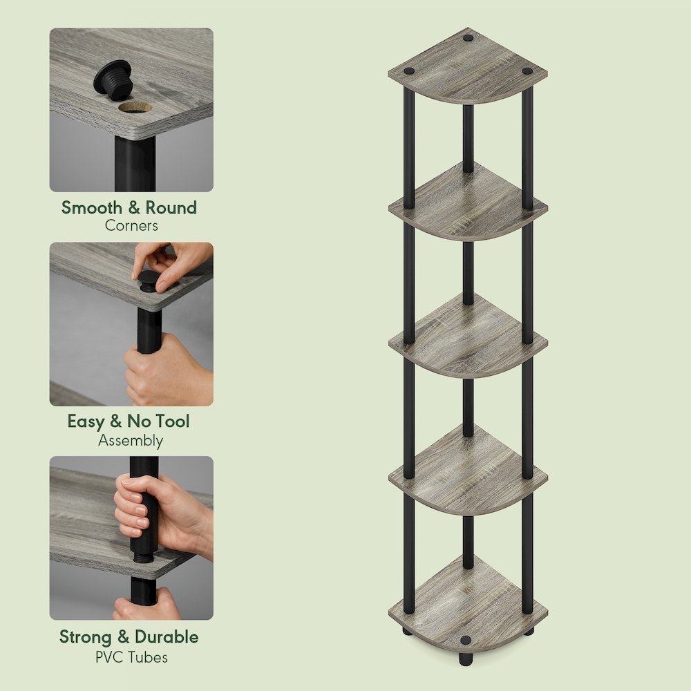 5 Tier Corner Shelf, Corner Bookshelf, Display Shelf Grey Oak
