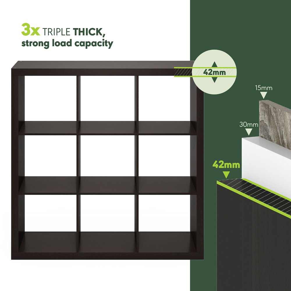 Cubicle Extra Thick Frame Decorative Cube Storage Organizer, 9-Cube, Dark Oak