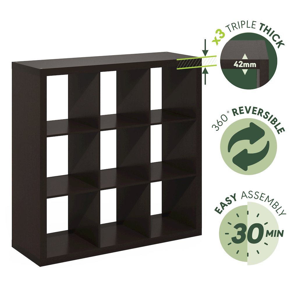 Cubicle Extra Thick Frame Decorative Cube Storage Organizer, 9-Cube, Dark Oak