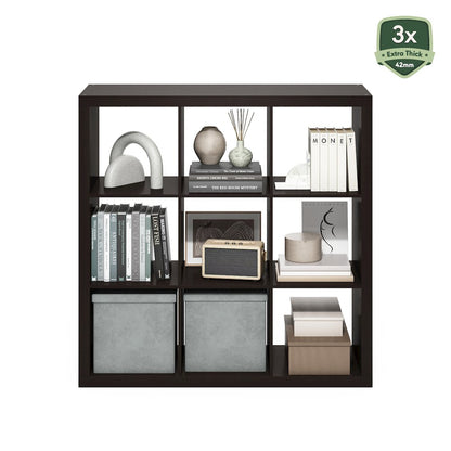 9-Cube Bookshelf, Triple Thick Frame Cube Storage Organizer, Black Oak