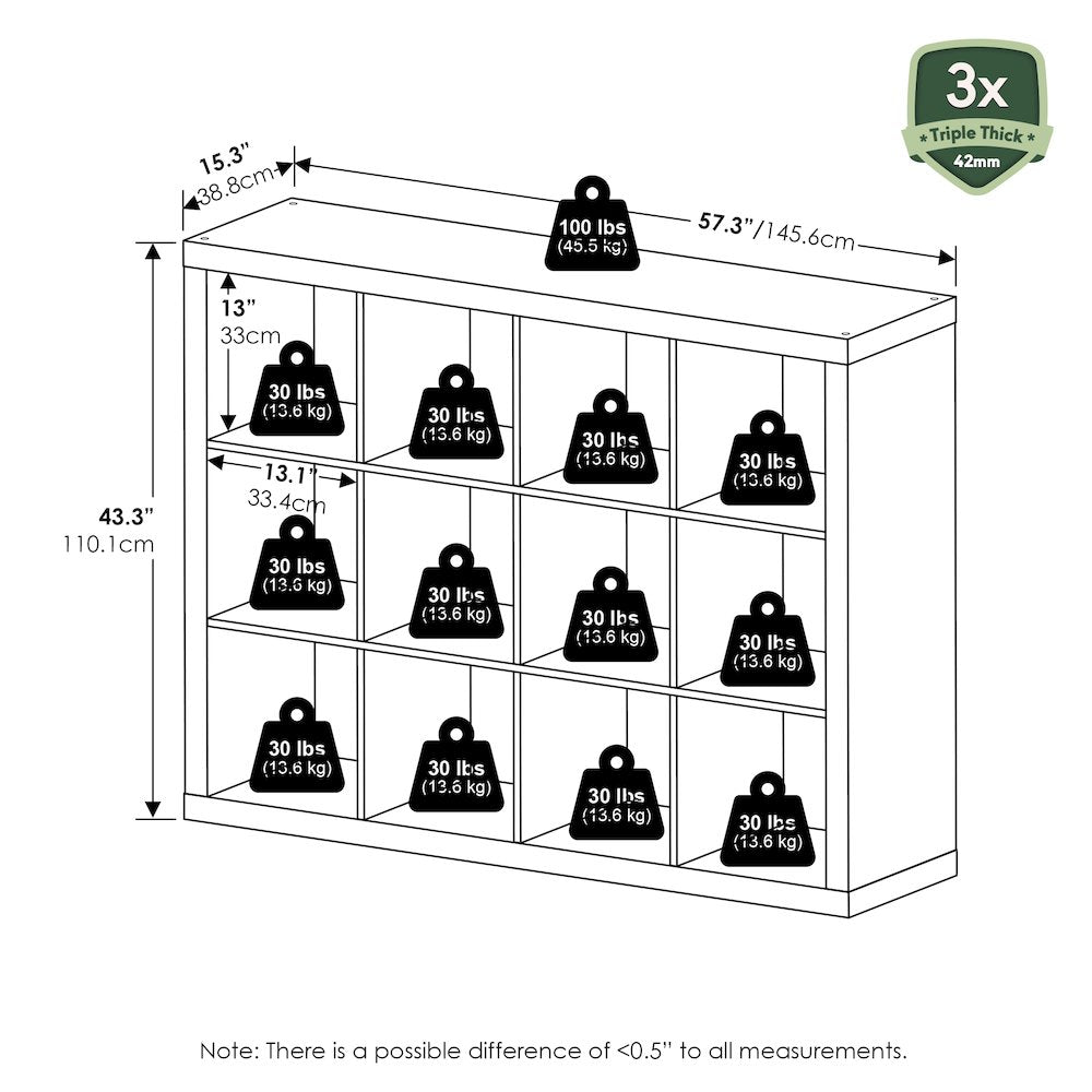 12-Cube Bookshelf, Triple Thick Frame Cube Storage Organizer, Plain White