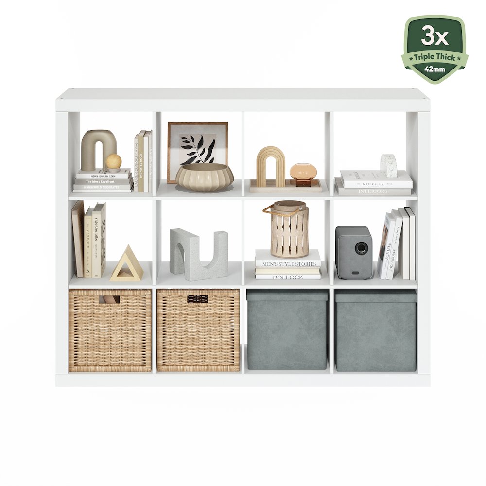 12-Cube Bookshelf, Triple Thick Frame Cube Storage Organizer, Plain White
