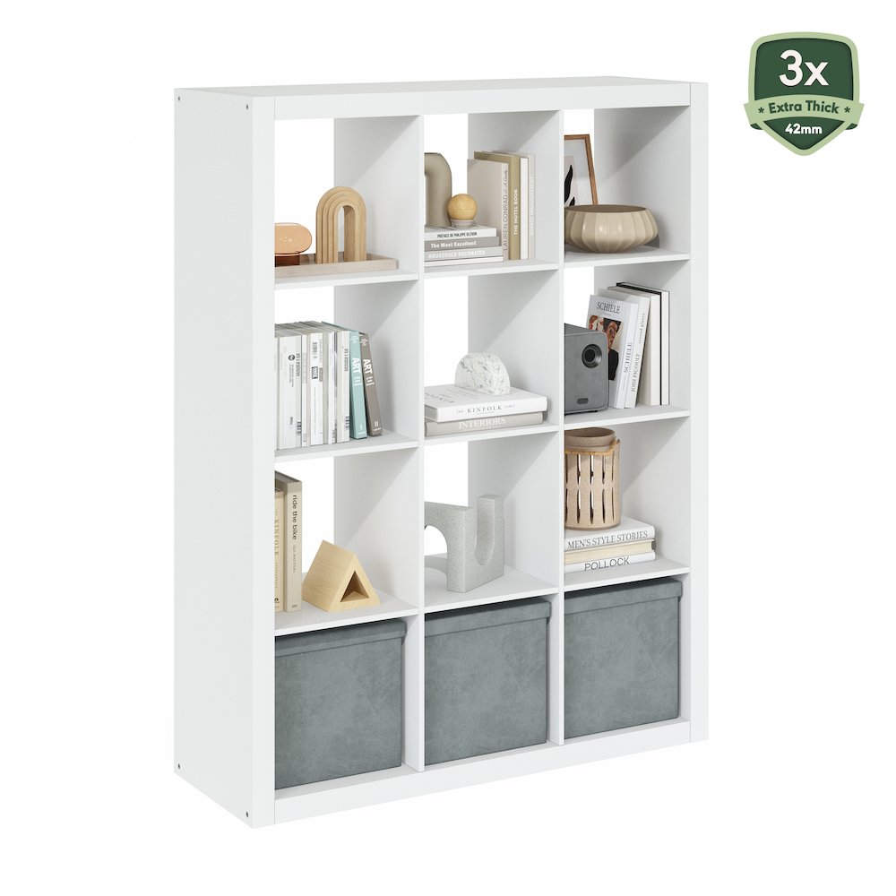 12-Cube Bookshelf, Triple Thick Frame Cube Storage Organizer, Plain White