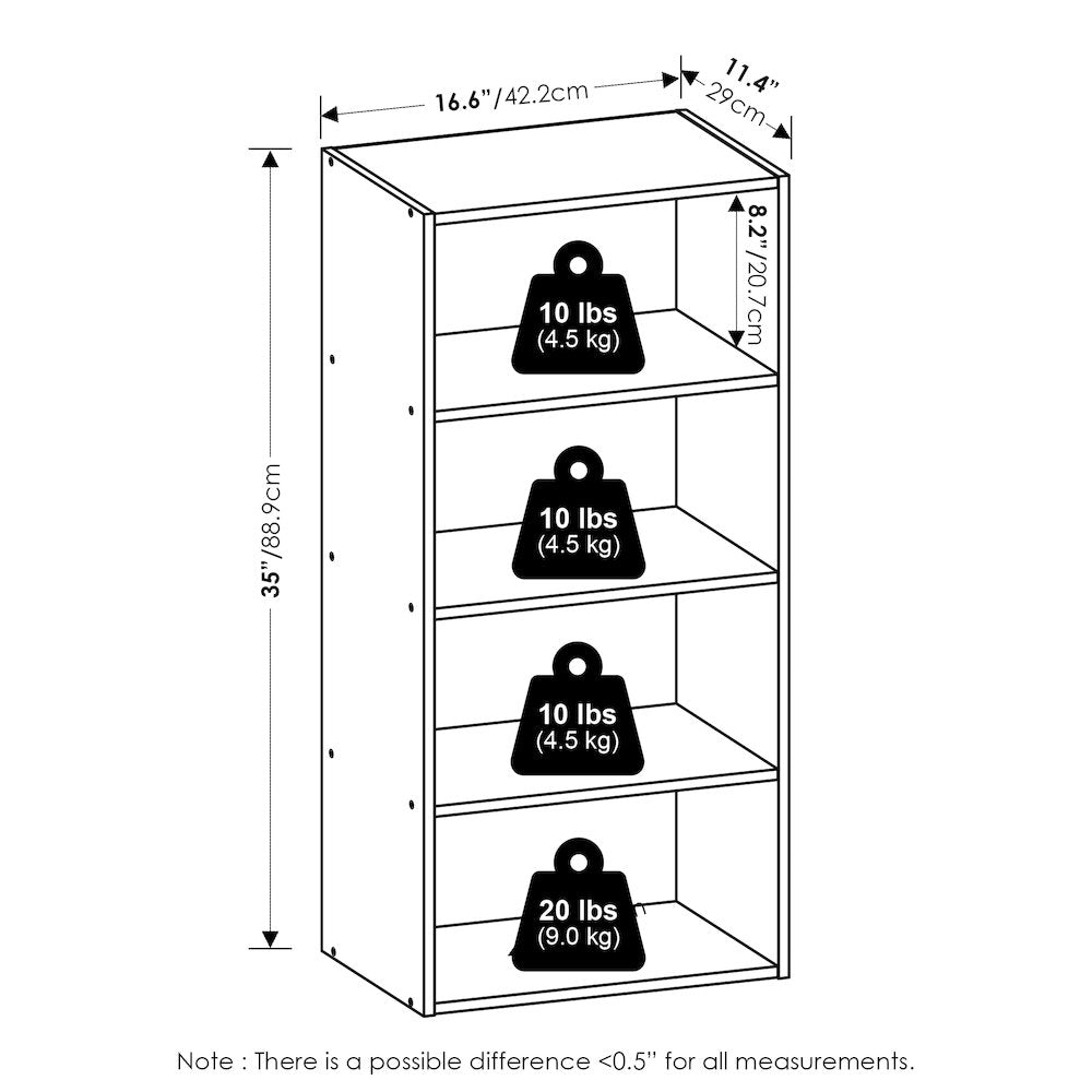 Basic 4-Tier Open Shelf Bookcase, Bookshelf, Storage Organizer, 11 x 17 x 35