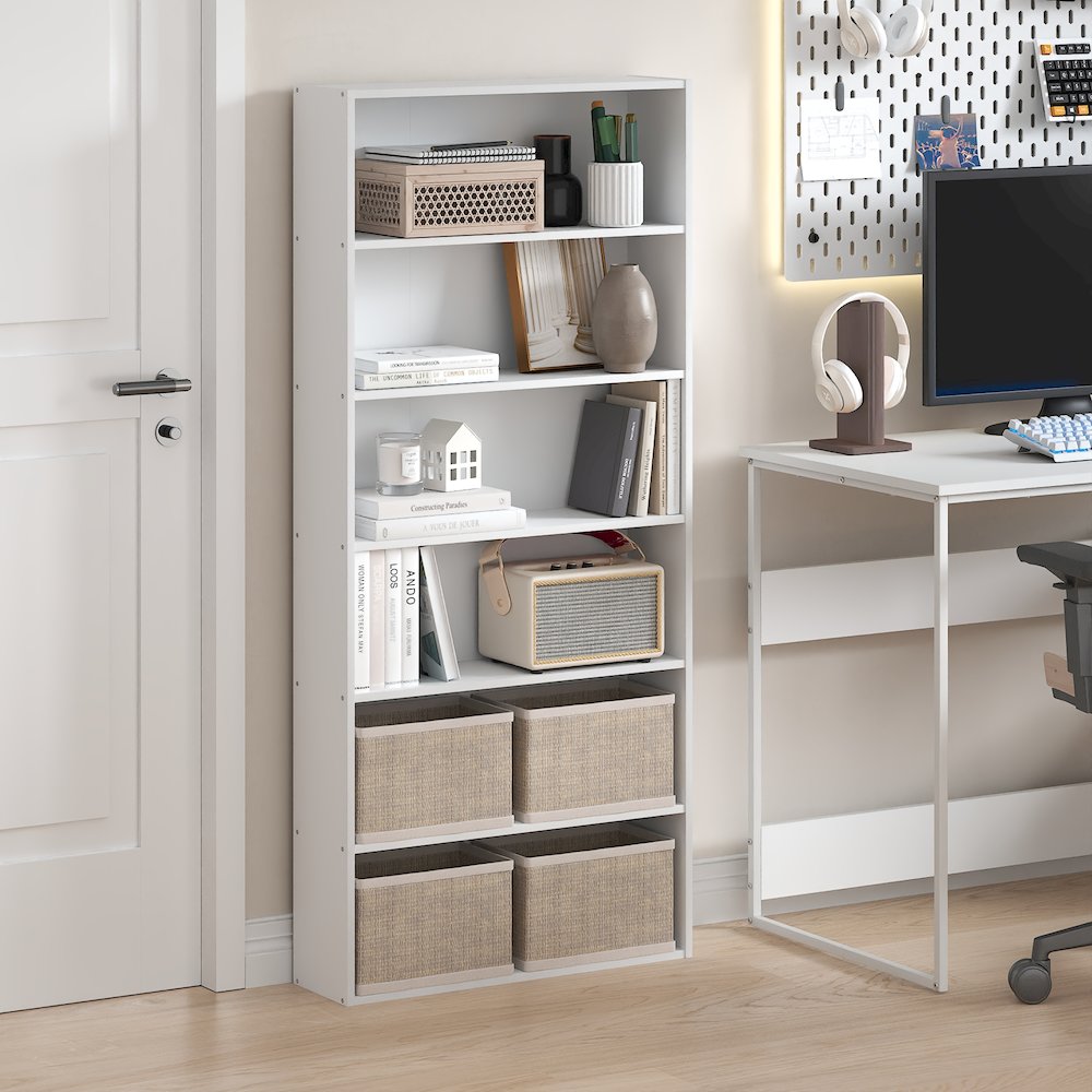 Basic 6-Tier Open Shelf Bookcase, Bookshelf, Storage Organizer, White