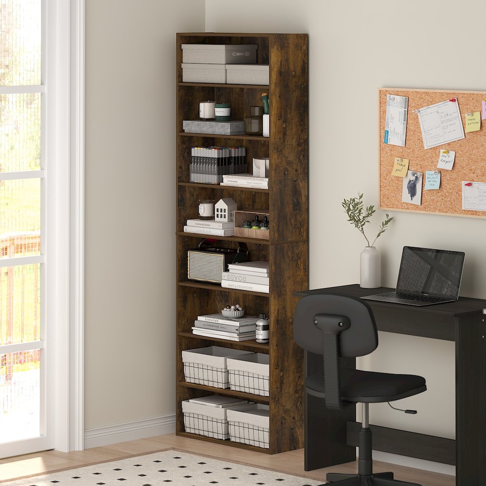 Basic 8-Tier Open Shelf Bookcase, Bookshelf, Storage Organizer, Amber Pine