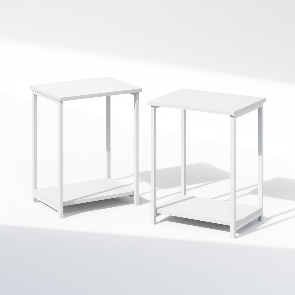 Industrial Metal Frame Nightstand, Bedside Table, 2-Pack, White/White