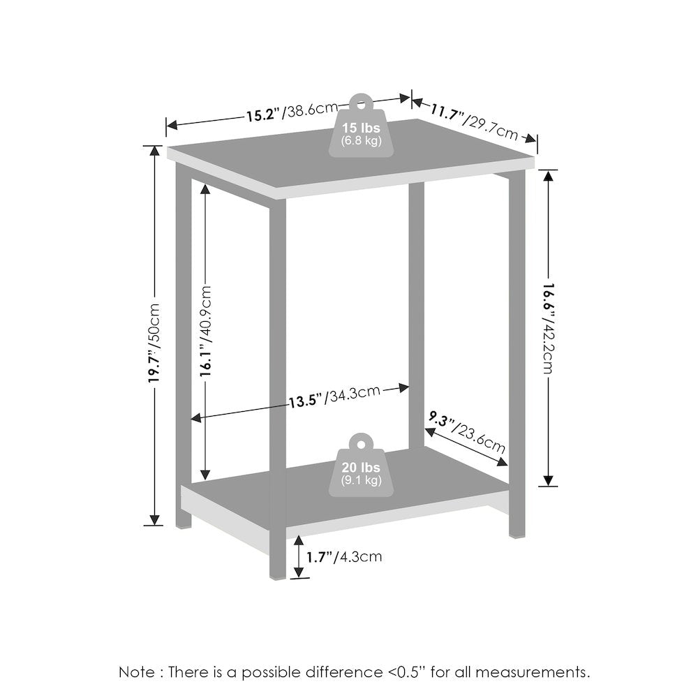 Industrial Metal Frame Nightstand, Bedside Table, 2-Pack, White/White