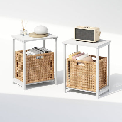 Industrial Metal Frame Nightstand, Bedside Table, 2-Pack, White/White