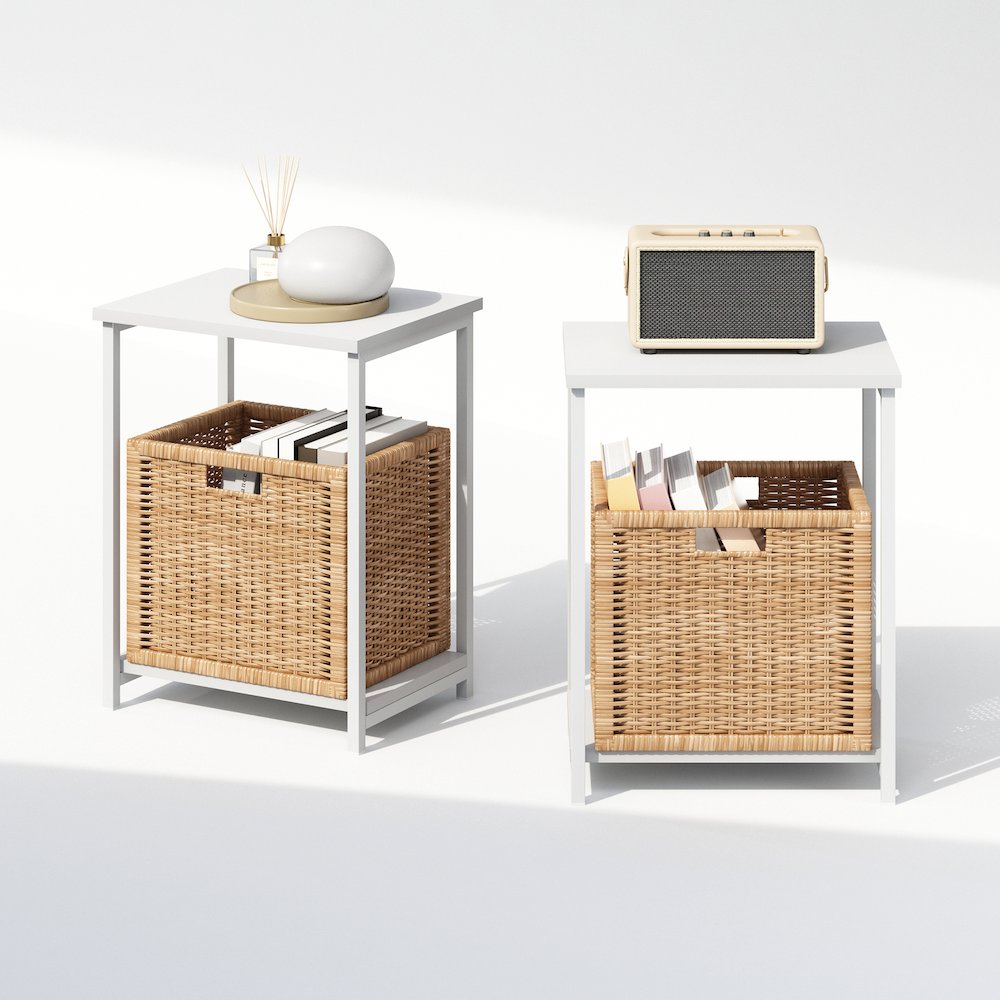 Industrial Metal Frame Nightstand, Bedside Table, 2-Pack, White/White