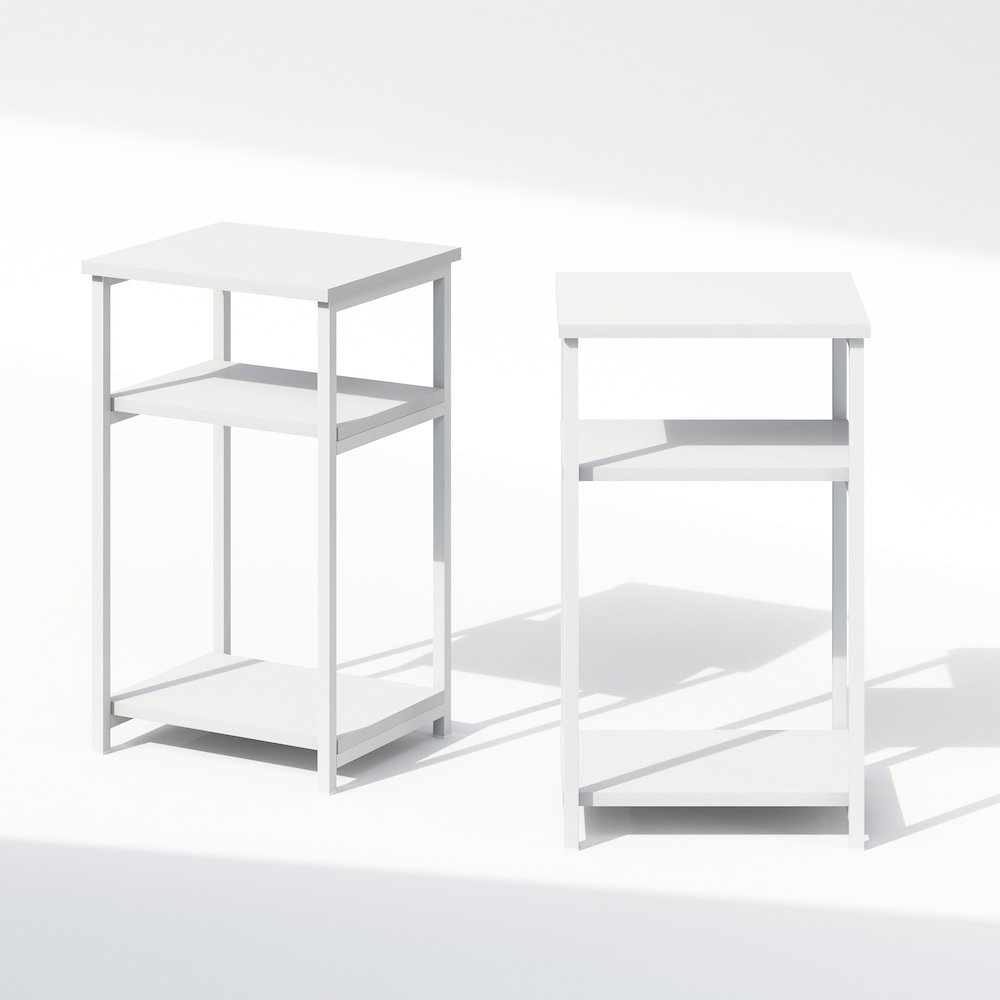 Industrial Metal Frame Nightstand, Bedside Table, 2-Pack, White/White