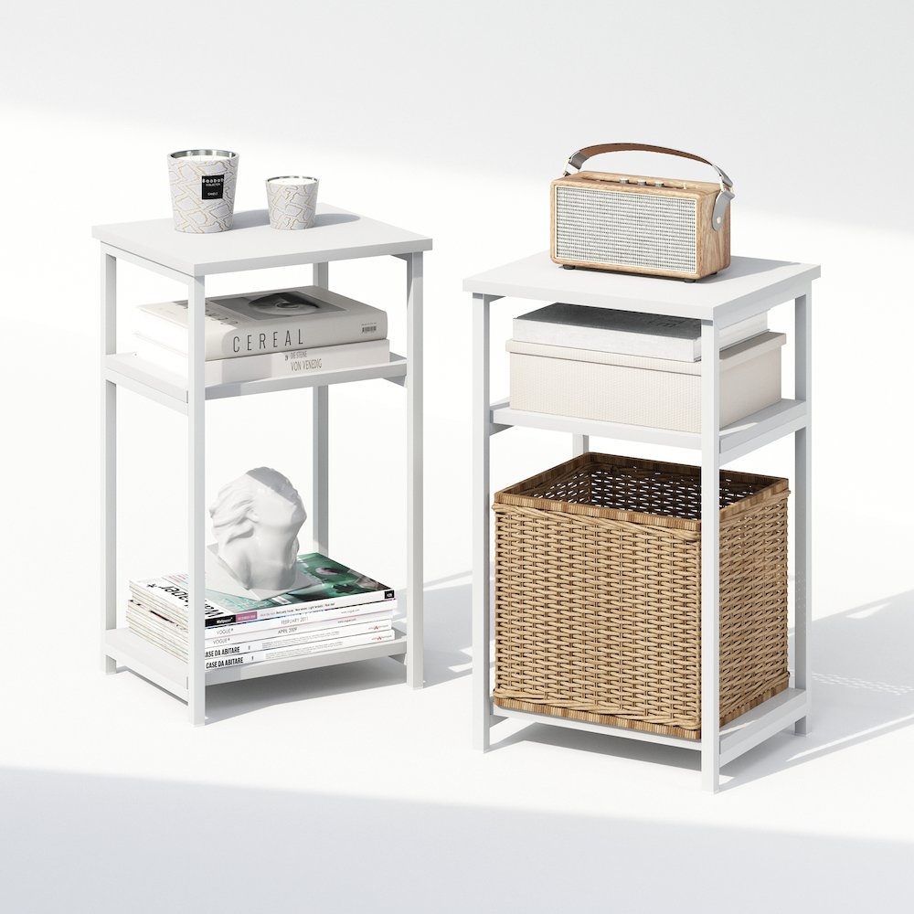 Industrial Metal Frame Nightstand, Bedside Table, 2-Pack, White/White