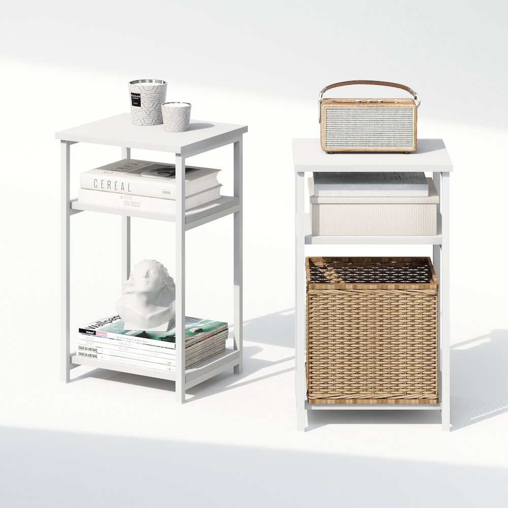 Industrial Metal Frame Nightstand, Bedside Table, 2-Pack, White/White