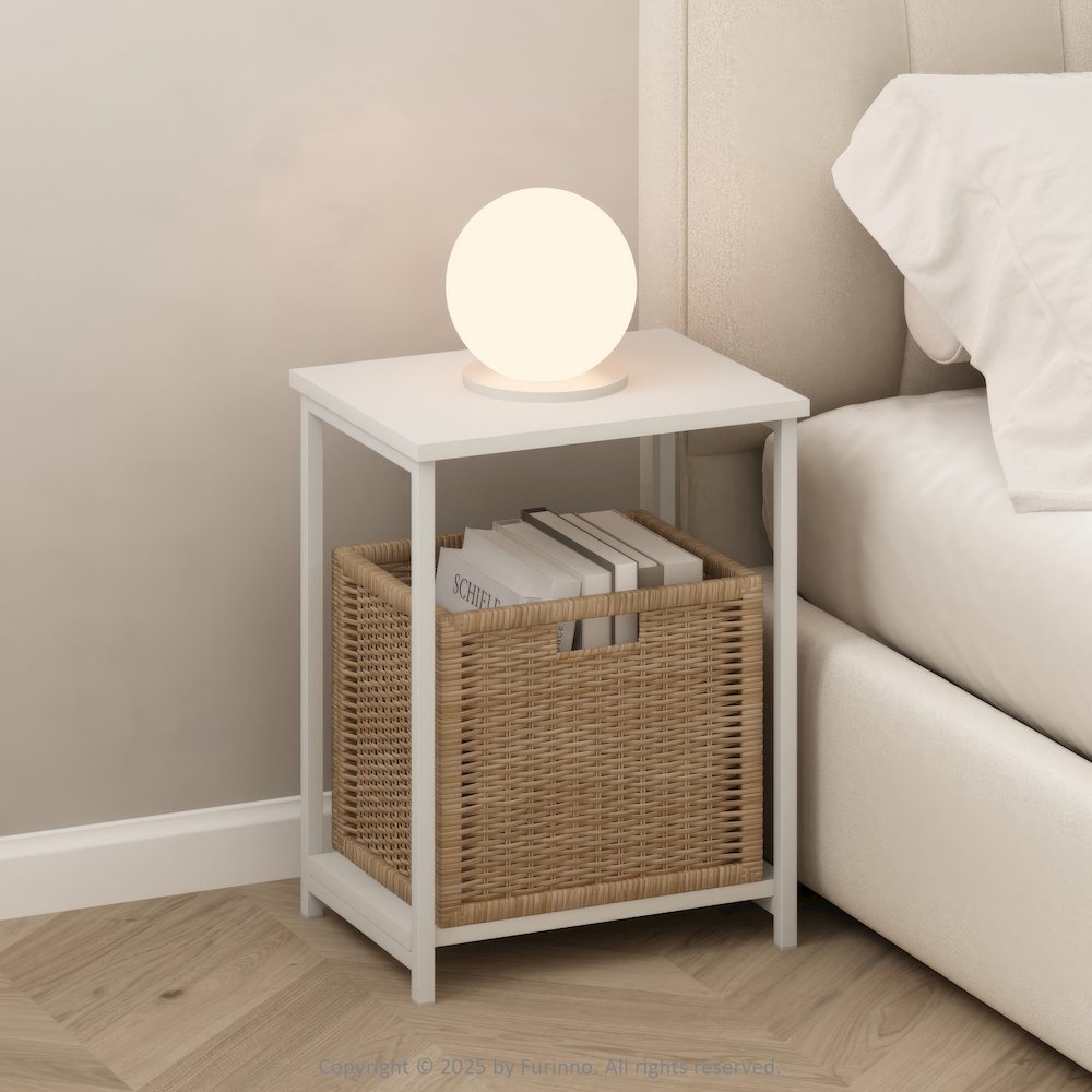 Industrial Metal Frame Nightstand, Bedside Table, 1-Pack, White/White