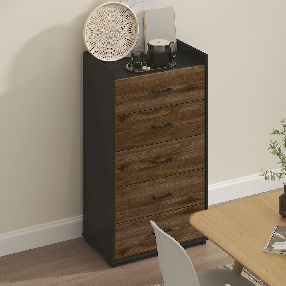 Modern 5-Drawer Kitchen & Dining Sideboard Buffet Storage, Columbia Walnut/Black