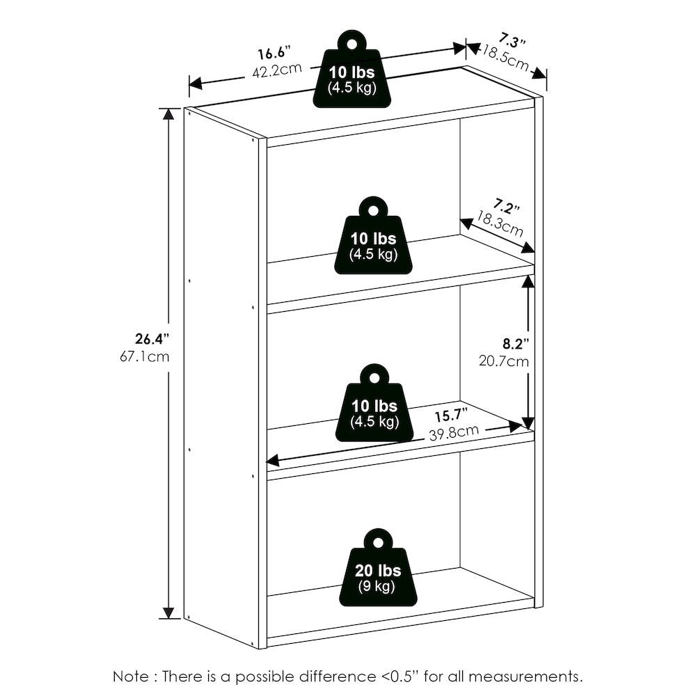 Basic 3-Tier Open Shelf Bookcase, Bookshelf, Storage Organizer, Amber Pine