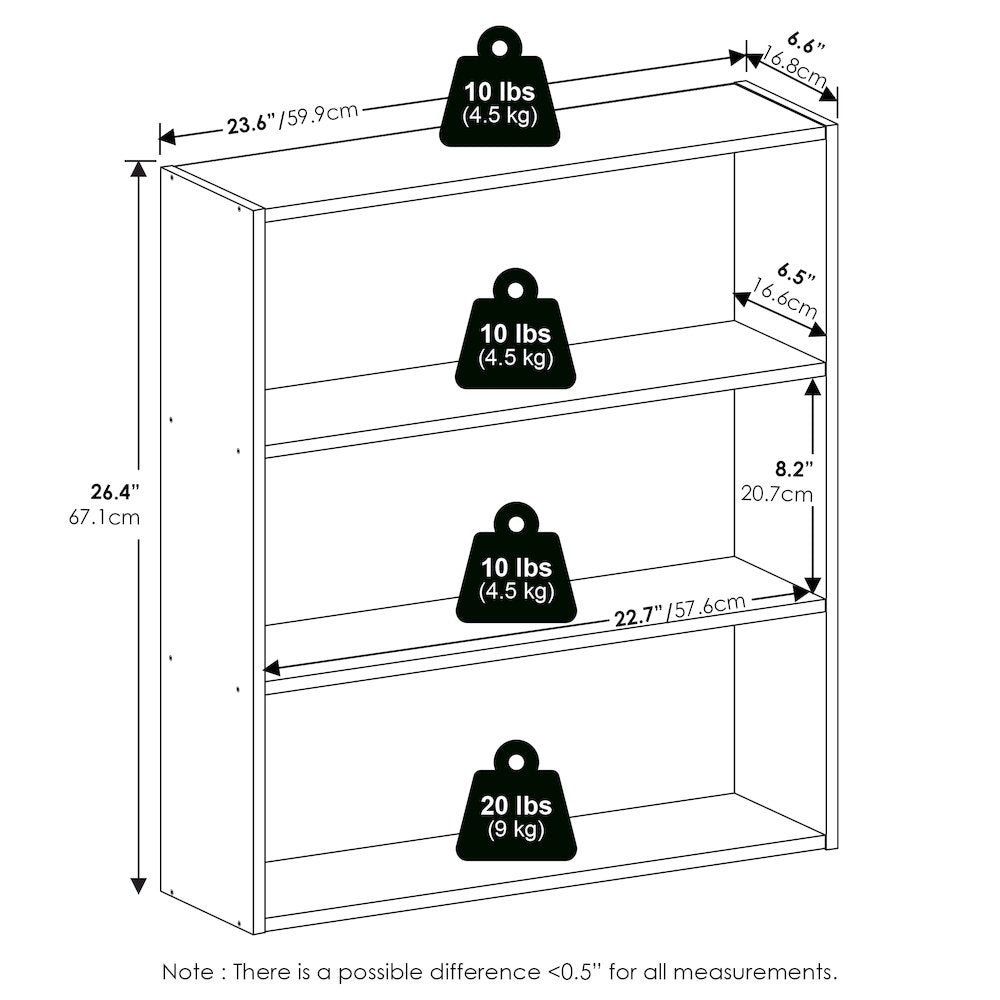Basic 3-Tier Open Shelf Bookcase, Bookshelf, Storage Organizer, White