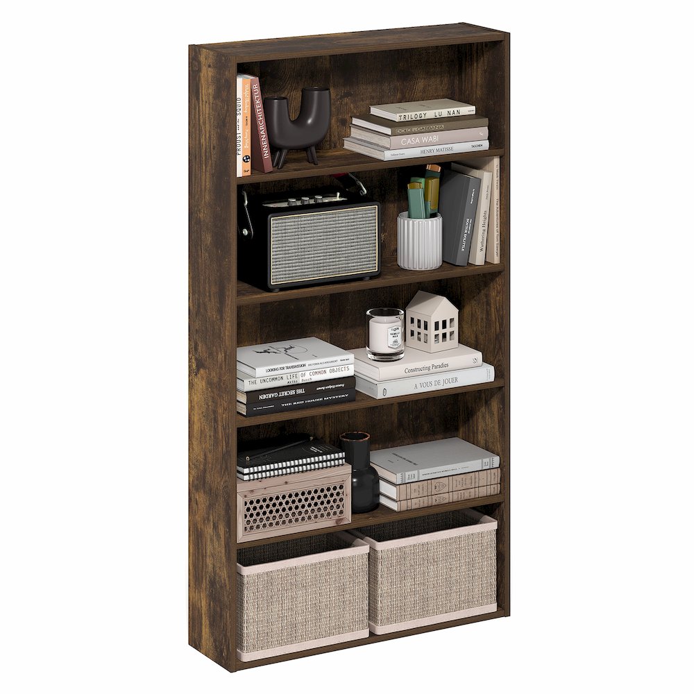 Basic 5-Tier Open Shelf Bookcase, Bookshelf, Storage Organizer, Amber Pine