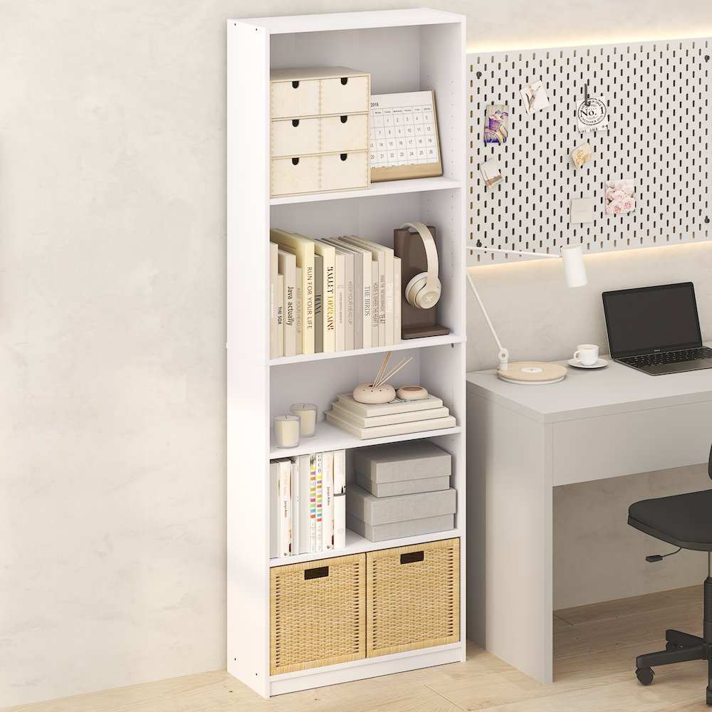 JAYA Simply Home Adjustable Shelf Bookcase, 5-Tier, Plain White