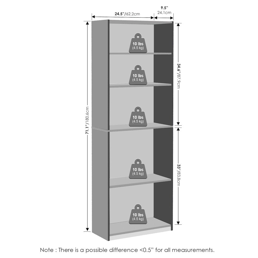 JAYA Simply Home Adjustable Shelf Bookcase, 5-Tier, Plain White