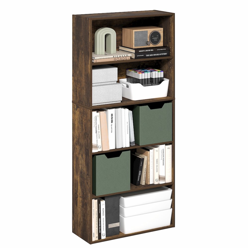 5-Tier Bookshelf, 52 Inch Tall Bookcase with Adjustable Shelf, Amber Pine