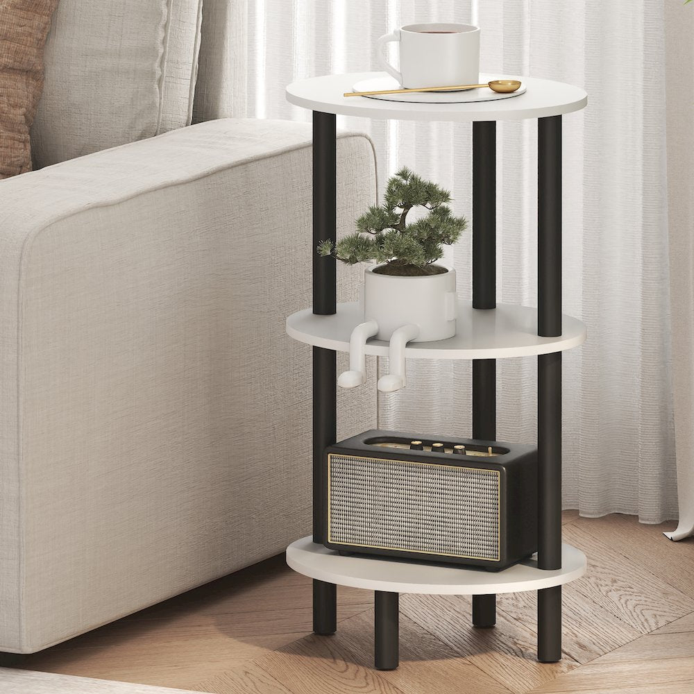 3-Tier 27.6" Tall Oval Nightstand, Bedside Table with Open Shelving, White