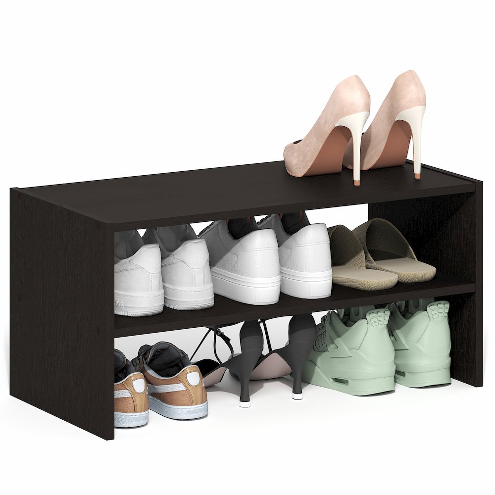 Shoe Rack, 24-Inch Width Shoe Organizer, Stackable Shoe Storage, Black Dark Oak