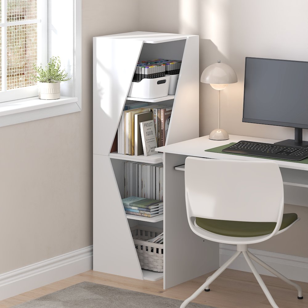 Stackable 2-in-1 Bookshelf, 4-Tier Corner Bookcase with Display Shelf