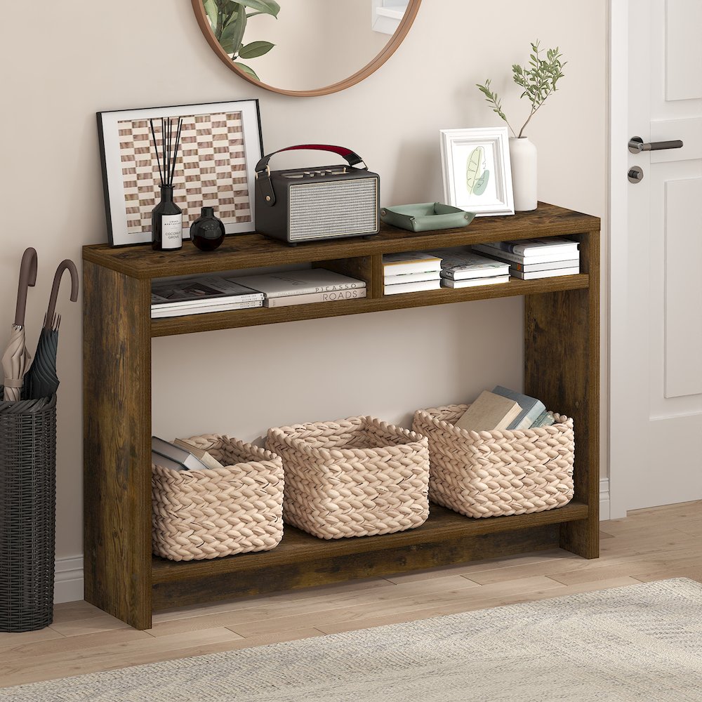 3-Tier Narrow Console Table with Extra Thick Frame and Storage Shelf, Amber Pine