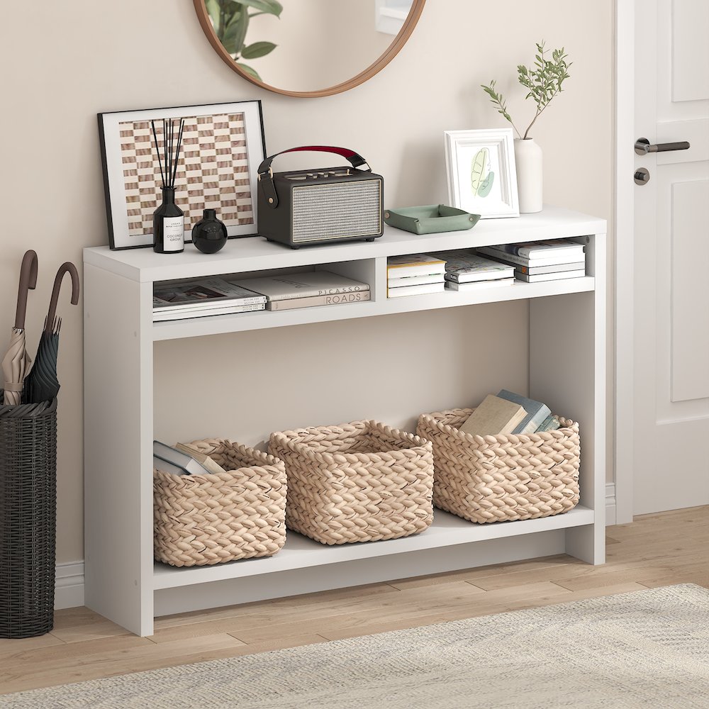 3-Tier Narrow Console Table with Extra Thick Frame and Storage Shelf, White