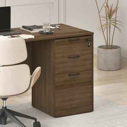 3-Drawer Fixed Pedestal Filing Cabinet, Soft-Close Drawers, Modern Walnut