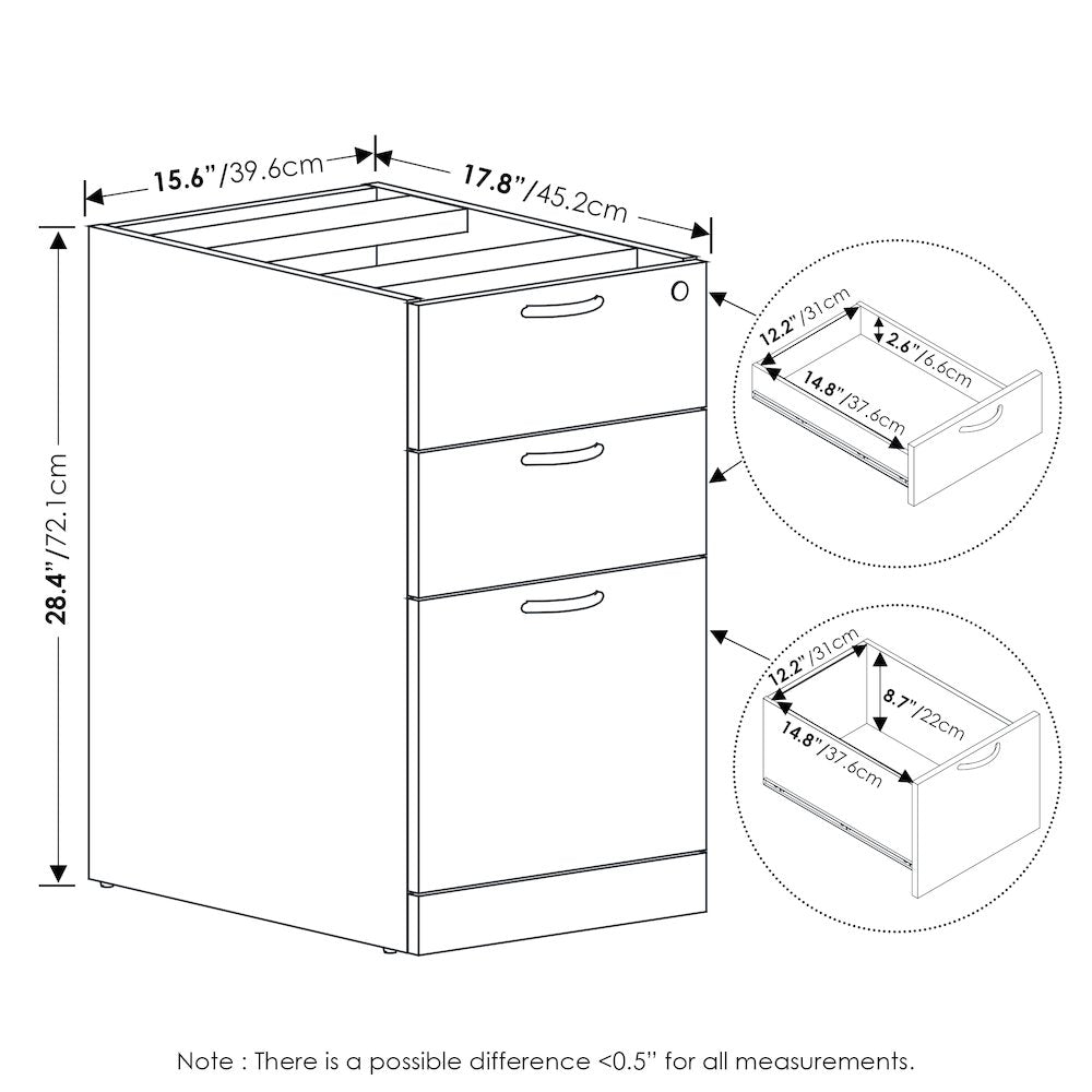 3-Drawer Fixed Pedestal Filing Cabinet, Soft-Close Drawers, Modern Walnut