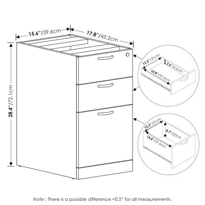 3-Drawer Fixed Pedestal Filing Cabinet, Soft-Close Drawers, Modern Walnut
