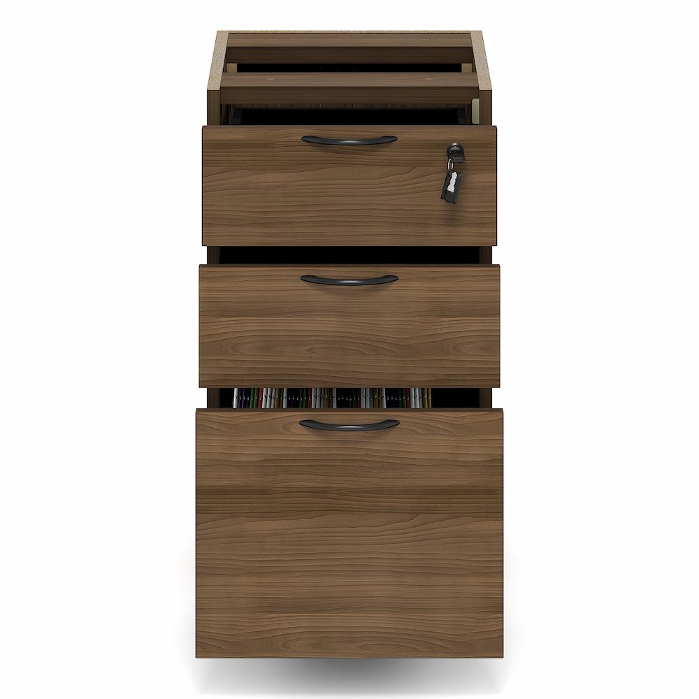 3-Drawer Fixed Pedestal Filing Cabinet, Soft-Close Drawers, Modern Walnut