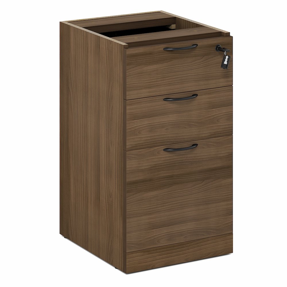 3-Drawer Fixed Pedestal Filing Cabinet, Soft-Close Drawers, Modern Walnut