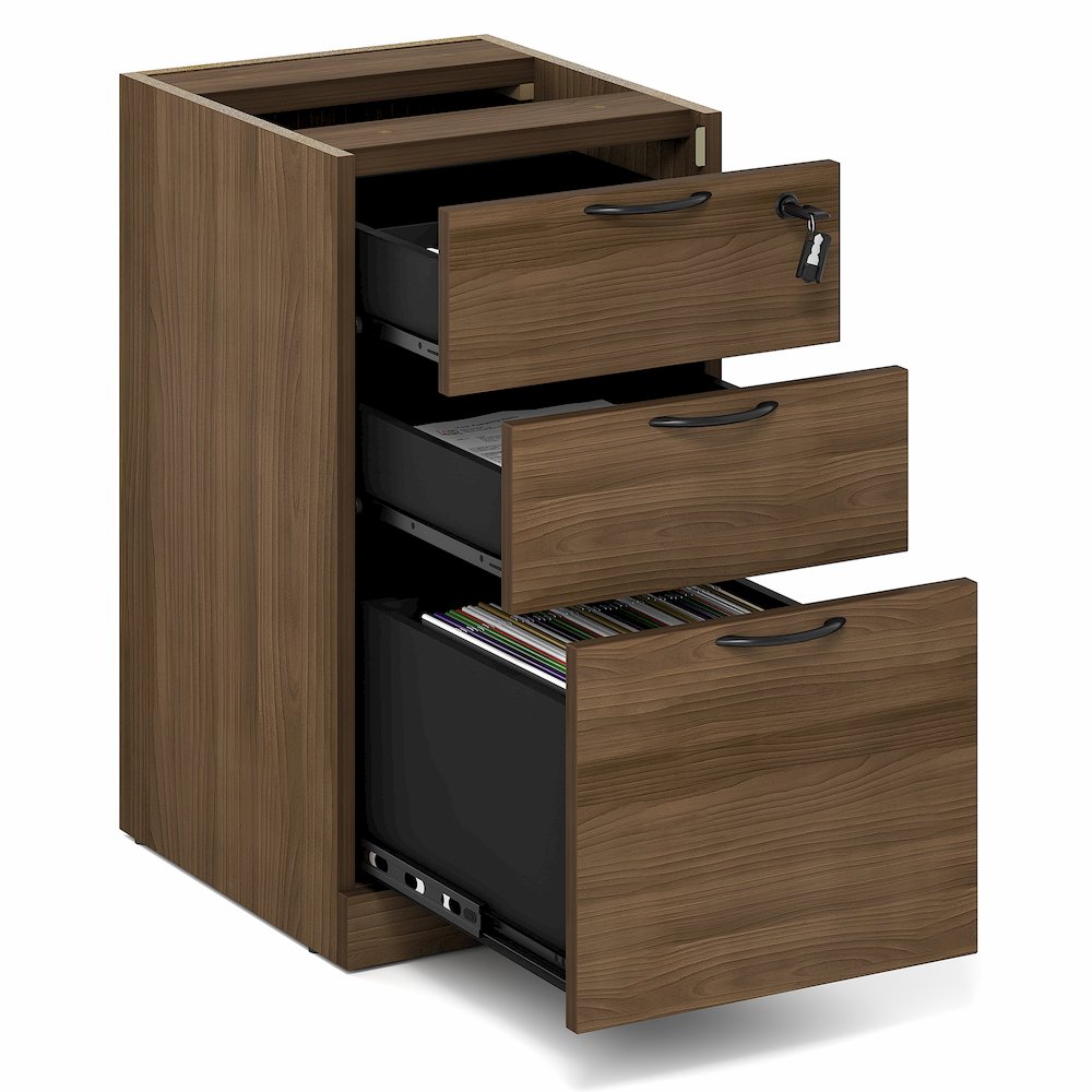 3-Drawer Fixed Pedestal Filing Cabinet, Soft-Close Drawers, Modern Walnut
