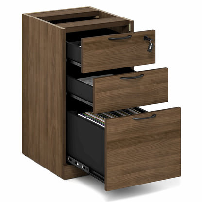 3-Drawer Fixed Pedestal Filing Cabinet, Soft-Close Drawers, Modern Walnut
