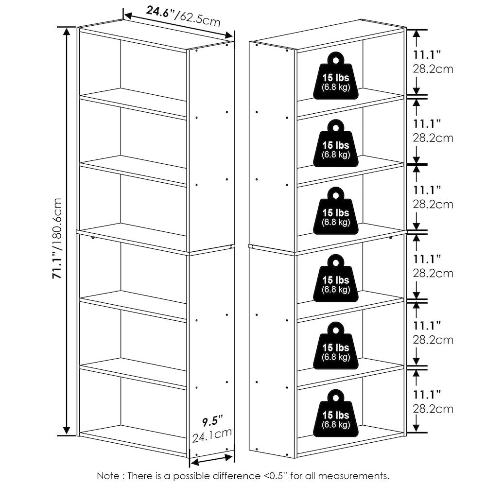 JAYA Book Shelf Set of 2, 6-Tier Bookshelf, Bookcase, White