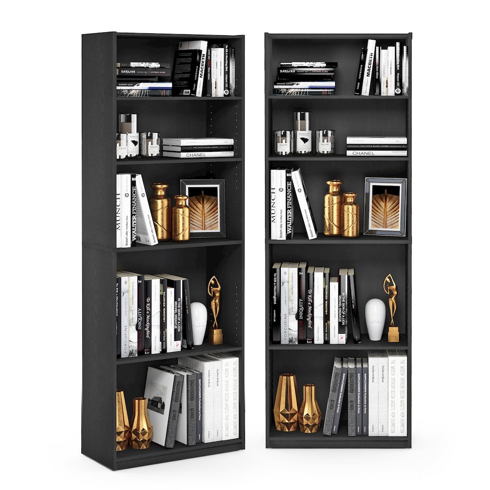 JAYA Book Shelf Set of 2, 5-Tier Bookshelf, with Adjustable Shelf, Black
