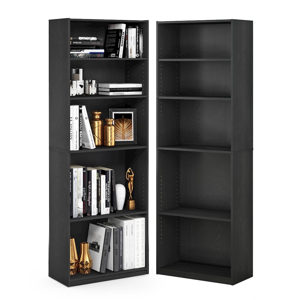JAYA Book Shelf Set of 2, 5-Tier Bookshelf, with Adjustable Shelf, Black