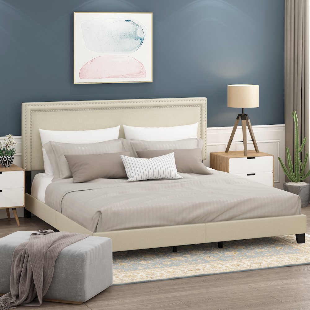 King Size Bedframe with Button Double Row Nail Head Headboard, Light Beige