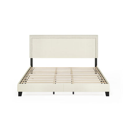 King Size Bedframe with Button Double Row Nail Head Headboard, Light Beige